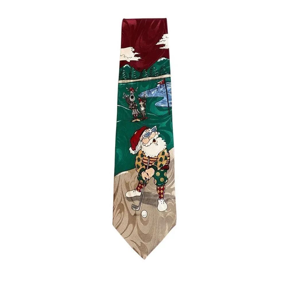Mens Christmas Santa golfing 100% silk novelty necktie